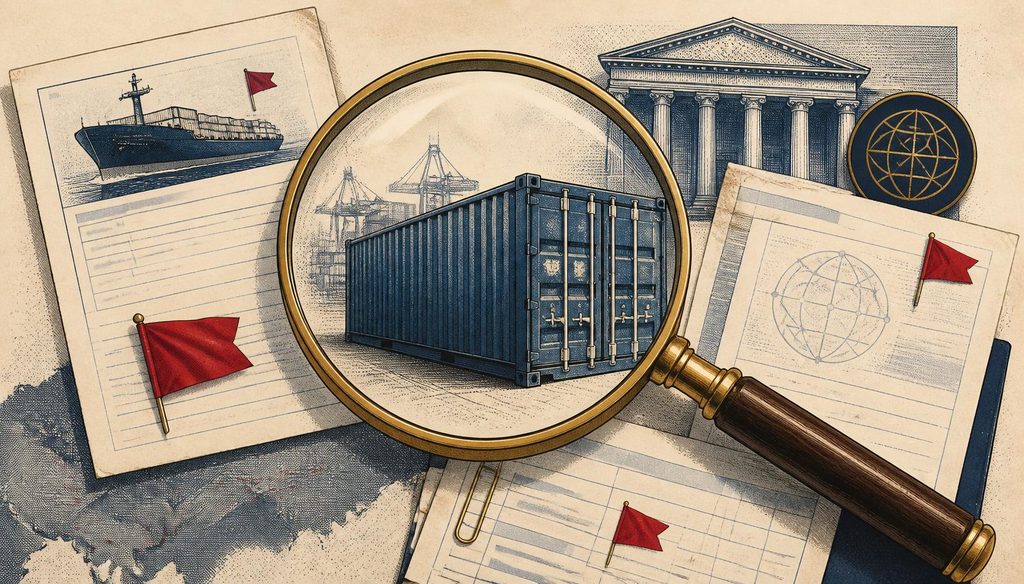 Editorial illustration: a magnifying glass held over a stack of trade finance documents beside a shipping container at a port, with small red flags pinned across an invoice, letter of credit and bill of lading, symbolising early detection of trade finance fraud red flags