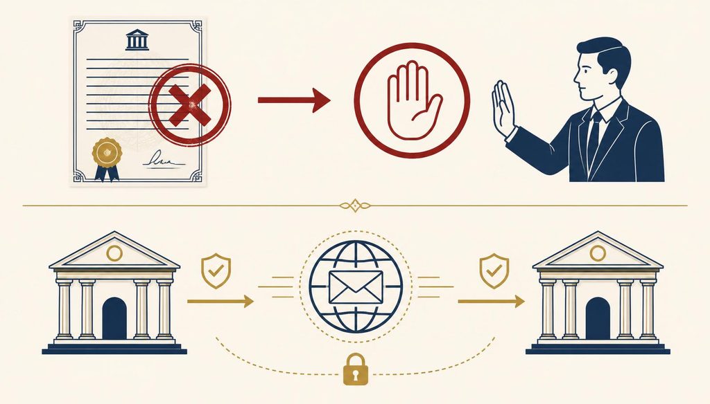 Split editorial illustration contrasting a fake paper standby letter of credit stamped REJECTED on the left with a legitimate SWIFT MT760 message flowing between two bank buildings on the right, illustrating that genuine SBLCs exist only as bank-to-bank SWIFT messages, never as standalone PDFs or leased instruments