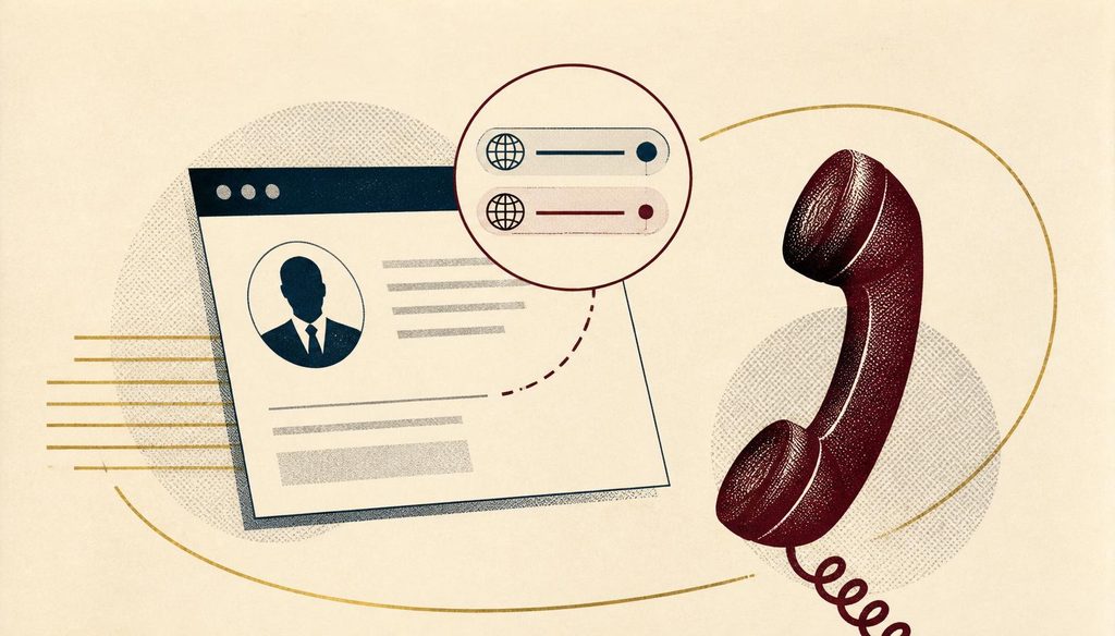 Editorial illustration of a business email compromise scenario: a spoofed email window showing a fraudulent change of bank account request with a look-alike sender domain, next to a desk telephone handset dialling the counterparty's known number to verify the change before any payment is released